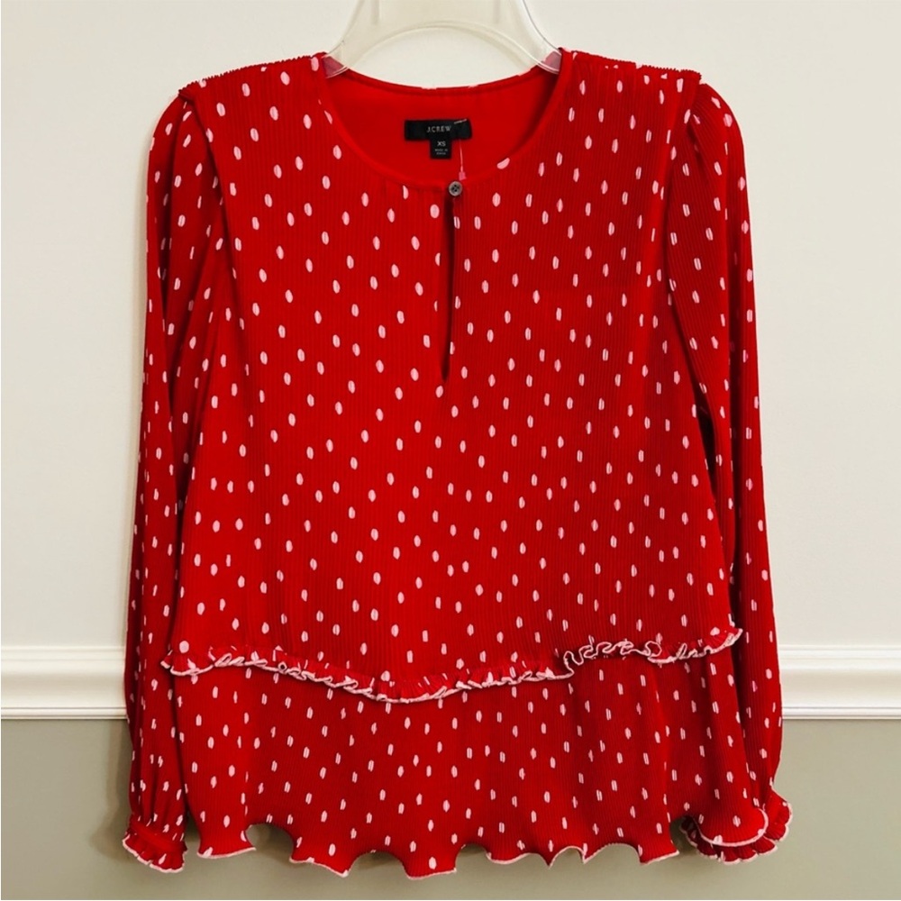 J. Crew Red White Polka Dot Ruffle Peplum Pleated Key Hole Top Extra Small